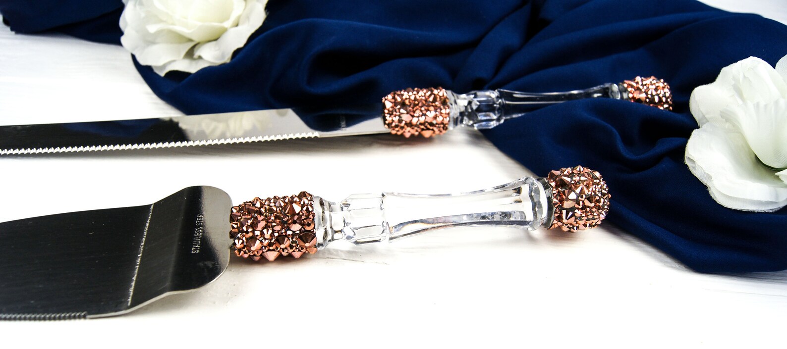 Rose Gold Cake Cutting Set Crystal Cake Server Set Engraved Etsy