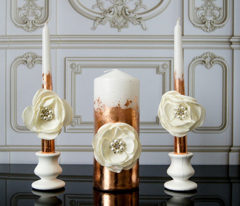 Rose Gold Unity Candle Set Wedding Candle Set with Ivory Etsy
