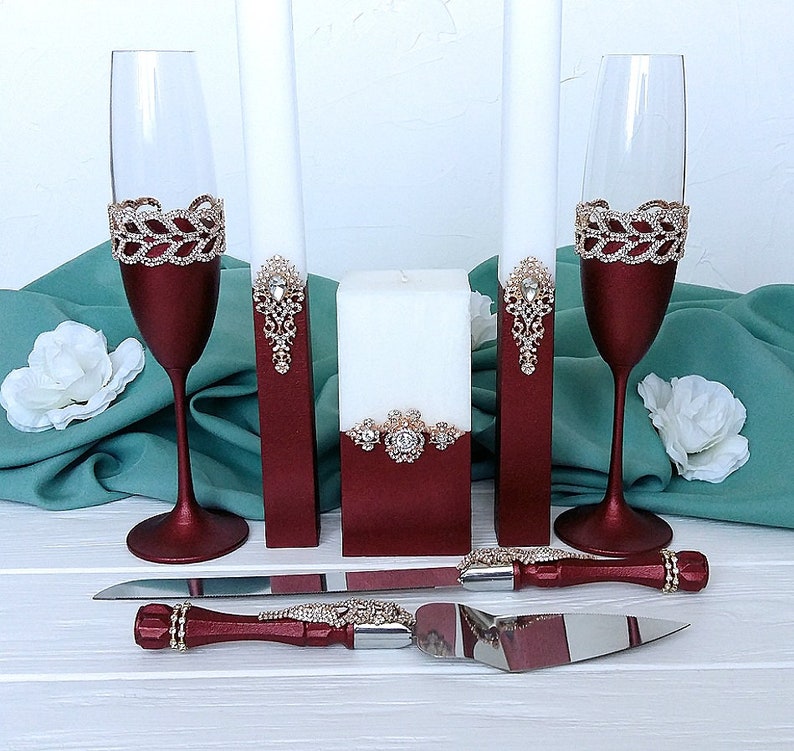 Burgundy and gold crystal wedding flutes Personalized cake