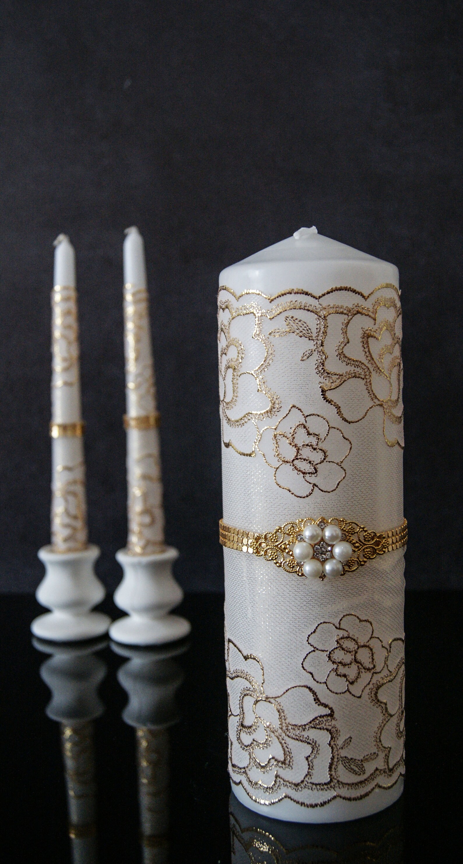 Gold Unity Candle Set Wedding Unity Candle Set Lace Unity Etsy
