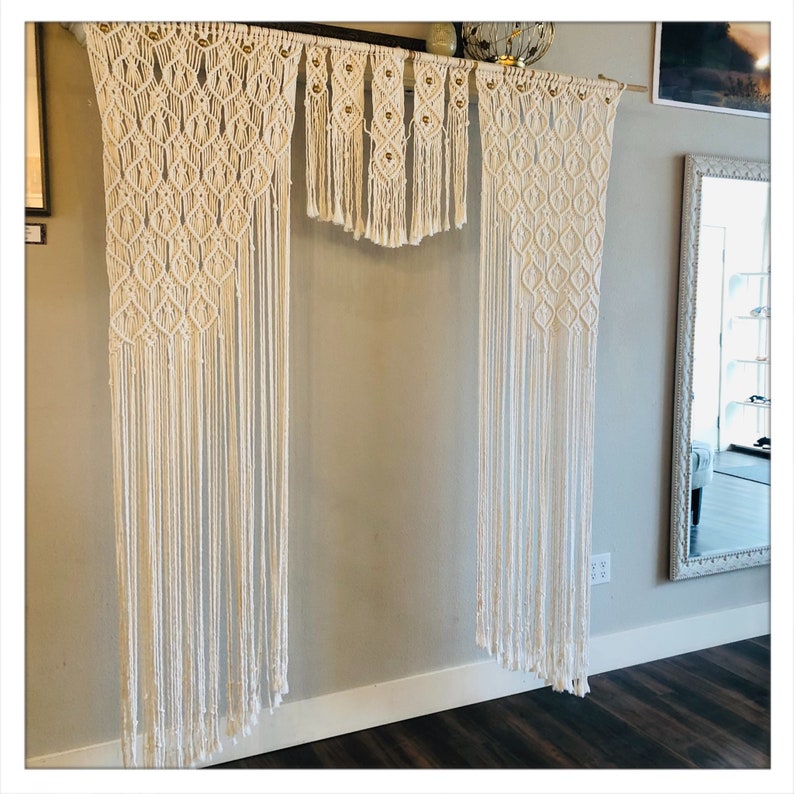 Macrame Large Curtain with Hand painted Gold Wooden Beads Macrame Wedding Backdrop Bohemian Decor 72x80