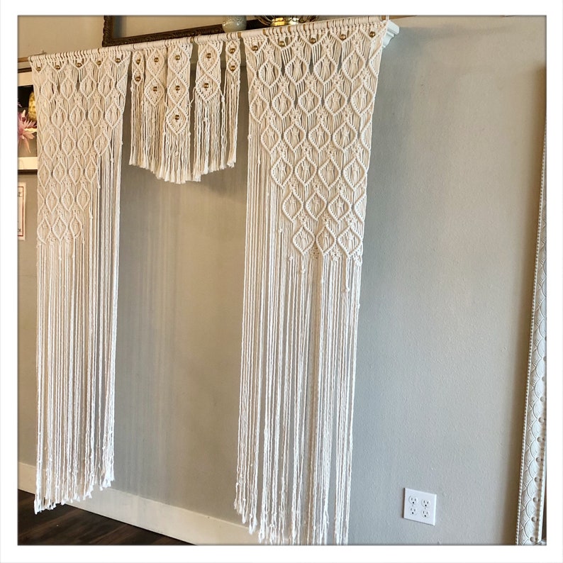 Macrame Large Curtain with Hand painted Gold Wooden Beads Macrame Wedding Backdrop Bohemian Decor 72x80