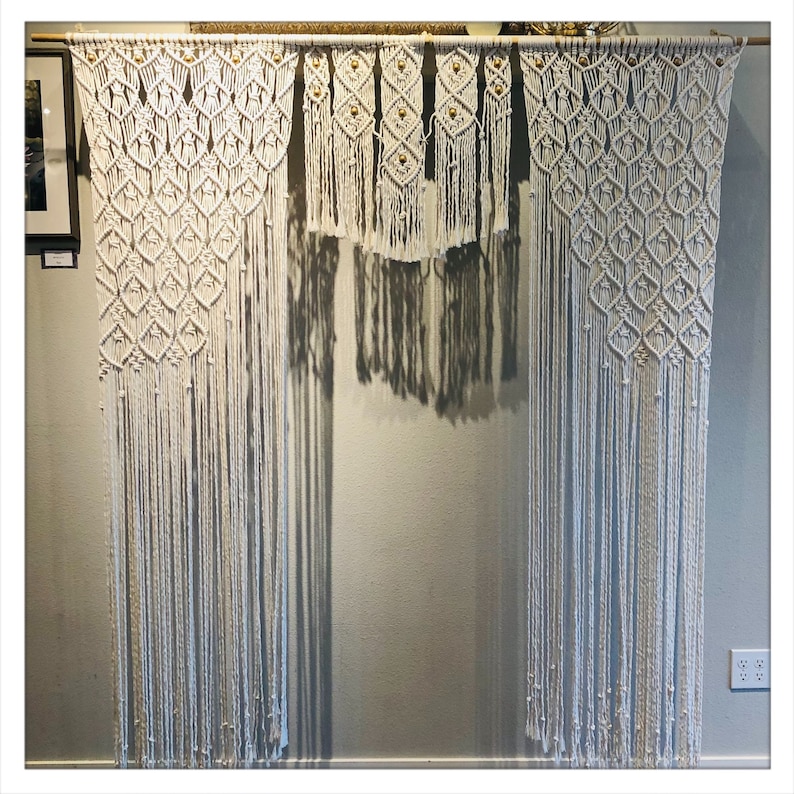 Macrame Large Curtain with Hand painted Gold Wooden Beads Macrame Wedding Backdrop Bohemian Decor 72x80