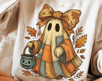 Blauwe denim geest png, trendy patchwork spookachtig spook png, retro Halloween schattig boe-geroep spook coquette png, herfstpompoen png, spookachtig seizoen png