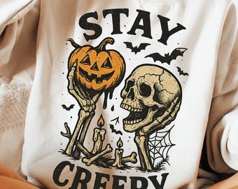 Stay Creepy PNG, Retro Dripping Skeleton Halloween Png, Skeleton Hand Spooky Graphic, Grunge Horror Sublimation Design Trendy Png, Skeleton