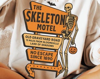 Motel Esqueleto (Png), Camiseta Retro Divertida de Halloween, Mansión Embrujada (Png), Diseño de Sublimación de Halloween (Png) de Moda, Descarga de Horror (Png)