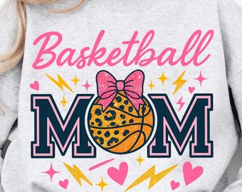 Mamá de baloncesto PNG, diseño de lazo de baloncesto con estampado de leopardo, sublimación de camisetas para el día del partido, mamá deportista PNG, descarga digital de baloncesto de moda