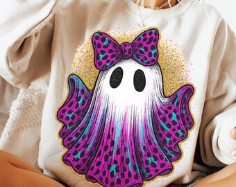 Spooky Halloween Neon Glitter Ghost PNG, Spooky Season Png, Retro Halloween Ghost Png, Hallowen Women Design For Shirt Png, Digital Download