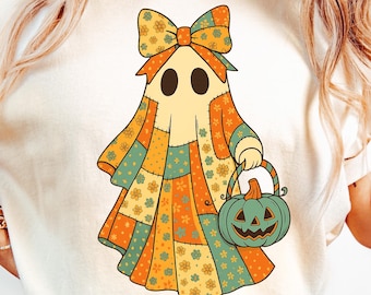 Retro Halloween Fall Ghost Png, Trendy Patchwork Spooky Ghost Png, Cute Boo Ghost Coquette Png, Fall Pumpkin Png, Spooky Season Png