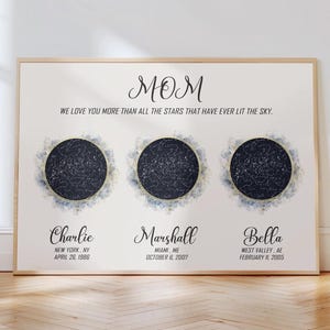 May include: A framed print with the word "MOM" in elegant script. Below, it reads "WE LOVE YOU MORE THAN ALL THE STARS THAT HAVE EVER LIT THE SKY." Three circular star charts are featured, each with a name and date below.