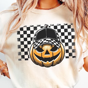 Retro Pumpkin Face Halloween PNG, Halloween Boy PNG, Fall png, Checkered Pumpkin png, spooky png, Halloween Sublimation T Shirt Design Svg