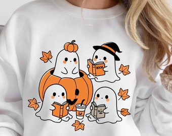 Bookish Halloween Svg, Cute Ghost Svg, Ghost Reading Book Sublimation, Book Lover Png, Spooky Season Svg, Fall Vibes Svg,Autumn Leaves Svg