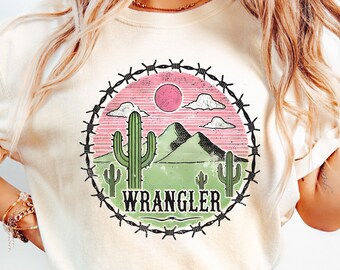 Wrangler Png, sublimação de vaqueira png, design de camisa ocidental desgastada, sublimação ocidental png, design de camisa retrô, deserto retrô png
