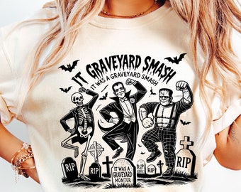 Cementerio Smash Svg, Drácula Frankenstein PNG, Esqueleto Bailando, Camisa De Halloween, Tendencia Retro Halloween Svg, Vintage Halloween Png