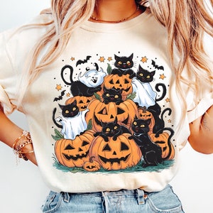 黒猫ハロウィンPng、カボチャシーズン猫Png、ハロウィンPng、ハロウィン猫シャツ、秋Png、レトロハロウィンPng、不気味な季節Png