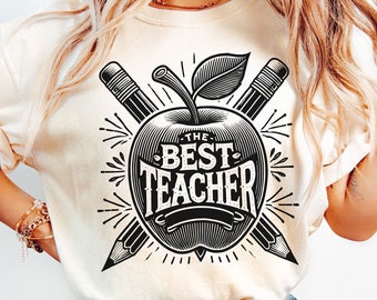 Der beste Lehrer Png, Lehrer Clipart svg, Bleistift-Viertel svg, Apfel-Herz-Silhouette, Sublimationsdesign, Schullehrer-Schnittdatei