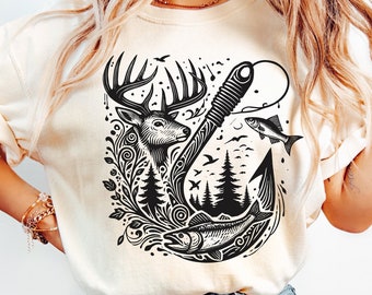 Deer Svg, hunting svg, Hook Svg, ducks Svg, Deer fish tree scene on fishing hook SVG, camping svg, fishing svg, buck svg, bass svg