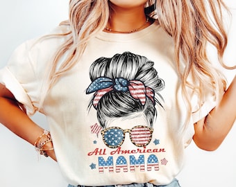 All American Mama png, 4th of july mom life sublimation designs Png, retro messy bun america mom shirt clipart files, Independence Day