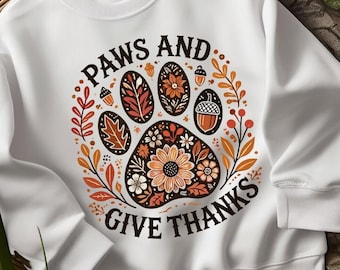Retro Paws And Give Thanks Svg, Dog Mom Thanksgiving Cut Png, Dog Paw Print Fall Leaf Sublimation  Digital Design, Dog Lover Fall Png