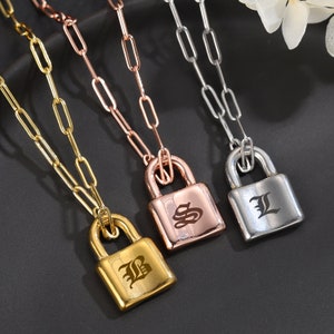 VACRONA Dainty Gold Lock Initial Necklace 18K Gold Plated Initial Padlock  Layered Lock Necklace Personalized Monogram Old English Engraved Alphabet