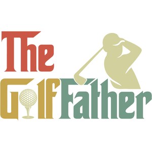 May include: A retro-style graphic with the words "The Golf Father". The word "The" is in red, and "Golf" is in gold and green. A golf ball on a tee and a golfer silhouette are also included in the design.