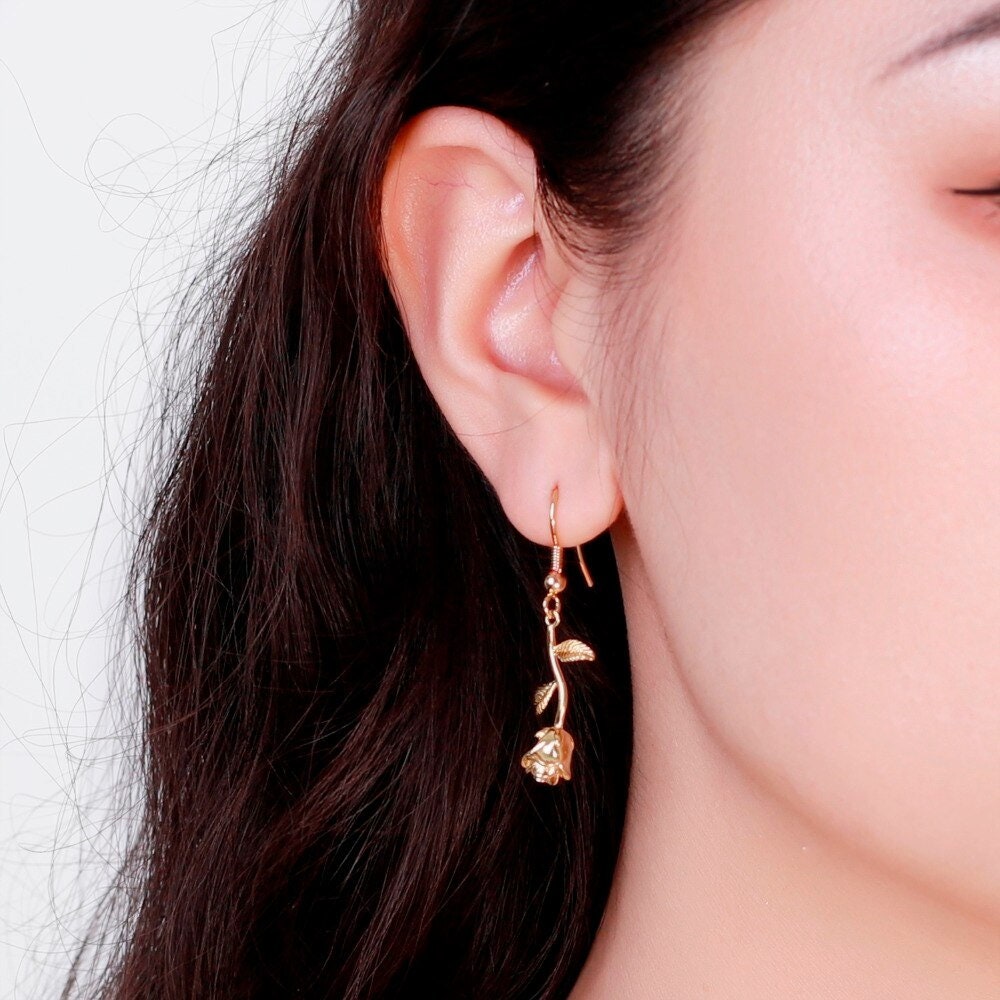 Gold Dangling Rose Earrings Minimalist Earrings Dangle - Etsy