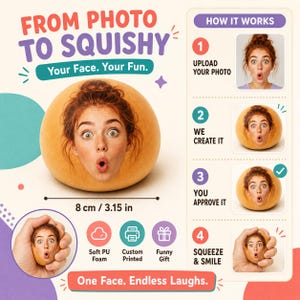 Peut inclure: Un jouet squishy personnalisé avec un visage imprimé sur une balle en mousse ronde et beige. Le graphique inclut le texte "FROM PHOTO TO SQUISHY," "Your Face. Your Fun." et "One Face. Endless Laughs." Un schéma indique la taille de 8 cm.