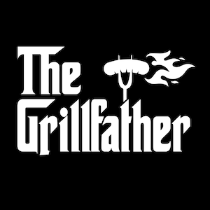 Puede incluir: Texto blanco sobre fondo negro que dice "The Grillfather" con una silueta de una salchicha en un tenedor con llamas saliendo de la salchicha.