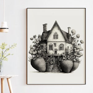 Strawberry Printable Wall Art Print Digital Download For Vintage Home Decor, Printable Cottage House Print in Pen and Ink Style, Fruit Art zdjęcie 9