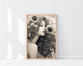 sunflower girl art printable, pen and ink illustration, vintage wall art print for home decor, woman girl character printable art, elegant