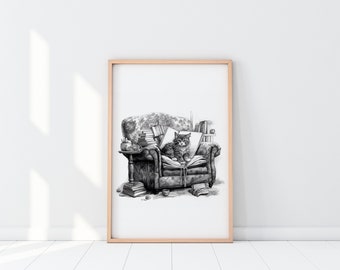 Cat On Chair Art Print Printable, wizard vibes library wall art, magical fantasy cozy printable, rustic retro modern, kitten cat lover gift