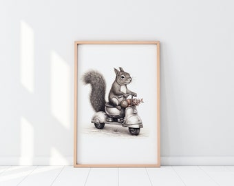 Squirrel Scooter Art Print, Woodland Nursery Decor (Digital Download)