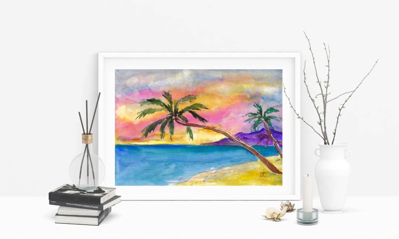 Hawaii Painting Oahu Beach Art Dawn Island Artwork Original Small Watercolor Tropical Seascape Art by ArtLopatina