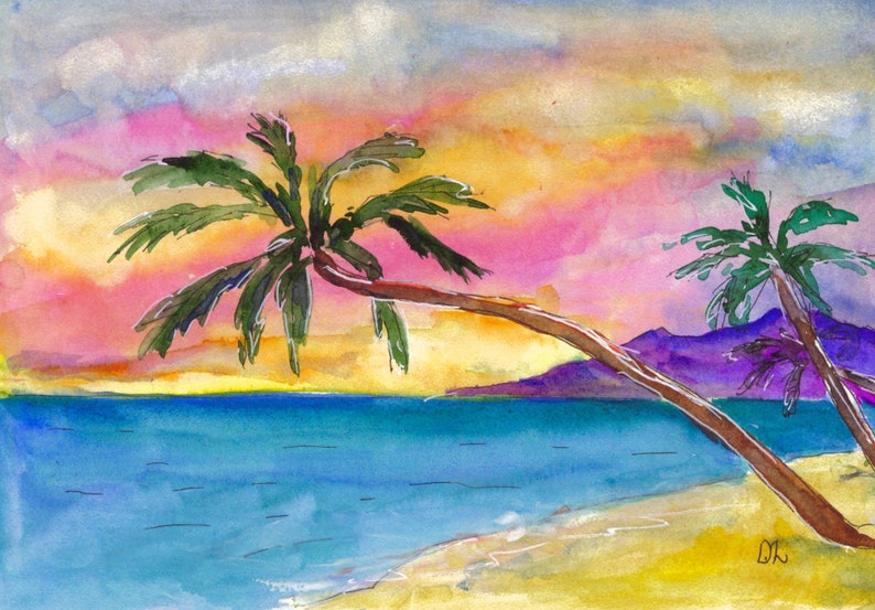 Hawaii Painting Oahu Beach Art Dawn Island Artwork Original Small Watercolor Tropical Seascape Art by ArtLopatina