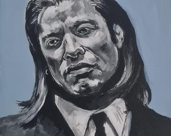 May include: A black and white painting of a man with long dark hair, wearing a black suit and a black tie. The background is a light blue color.