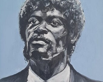 May include: A black and white painting of a man with a large afro hairstyle. He is wearing a suit and tie. The background is a light blue colour.