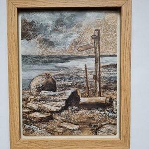 Framed Seascape Drawing: Pen and Ink Coastal Art (23.5x19cm)