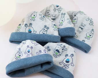 Children's hat, beanie soft sweat fabric, baby hat monster pattern light gray/blue, easy-care cotton hats for baby