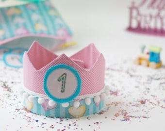 Corona de cumpleaños para niños, rosa, corona de fiesta de algodón con números intercambiables de 1 a 6 años y bolsa de almacenamiento