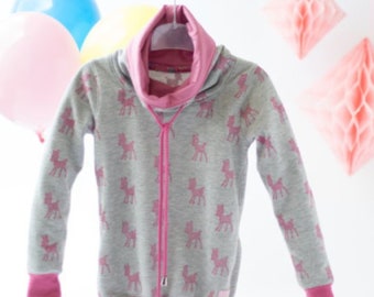 Mädchen Hoodie Größe 116, Kinder Hoodie hellgrau, Sweatshirt für Mädchen mit Wickelkragen, glitzernde rosa Reha, Kinderpullover mit Kragen