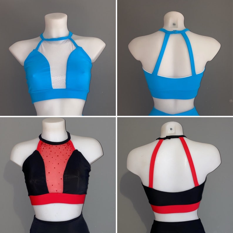 May include: Two different halter tops. The first is a bright blue halter top with a sheer mesh panel in the front. The second is a black halter top with a red mesh panel in the front.