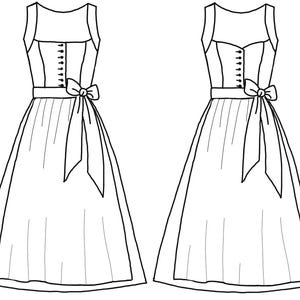 Könnte beinhalten: Strichzeichnung von zwei ärmellosen Kleidern. Jedes Kleid hat einen quadratischen Ausschnitt, eine Reihe von Knöpfen vorne und eine Schleife an der Taille. Der Rock ist ein voller, plissierter Stil.