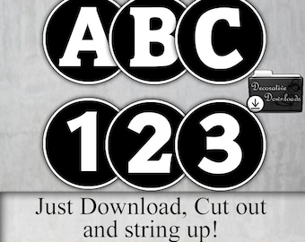 4 inch Alphabet, Number, Circle, Black & White, DIY, Printable, JPeg File, Banner Letters, Party Holiday, Garland, Download, Instant, Color