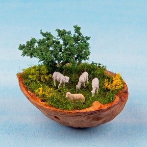 Diorama, Nußschale - Schafe auf der Weide