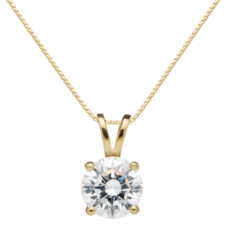14K Solid Yellow Gold Pendant Necklace 2.0 Carat With Gift Box 18 Inch .60mm Box Link Chain Round Cut Cubic Zirconia Solitaire
