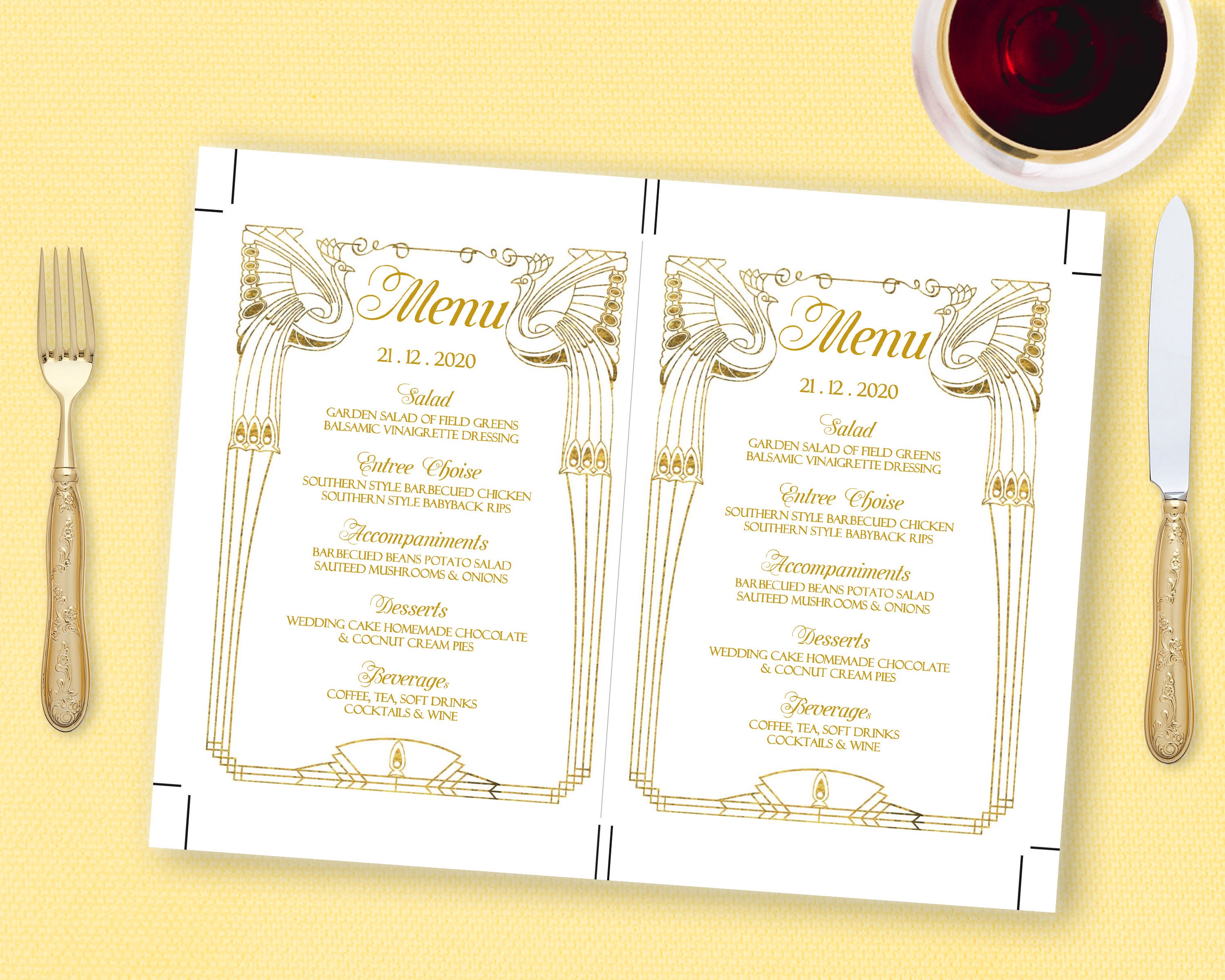 White and Gold Menu Old Hollywood Menu Template Great Gatsby | Etsy
