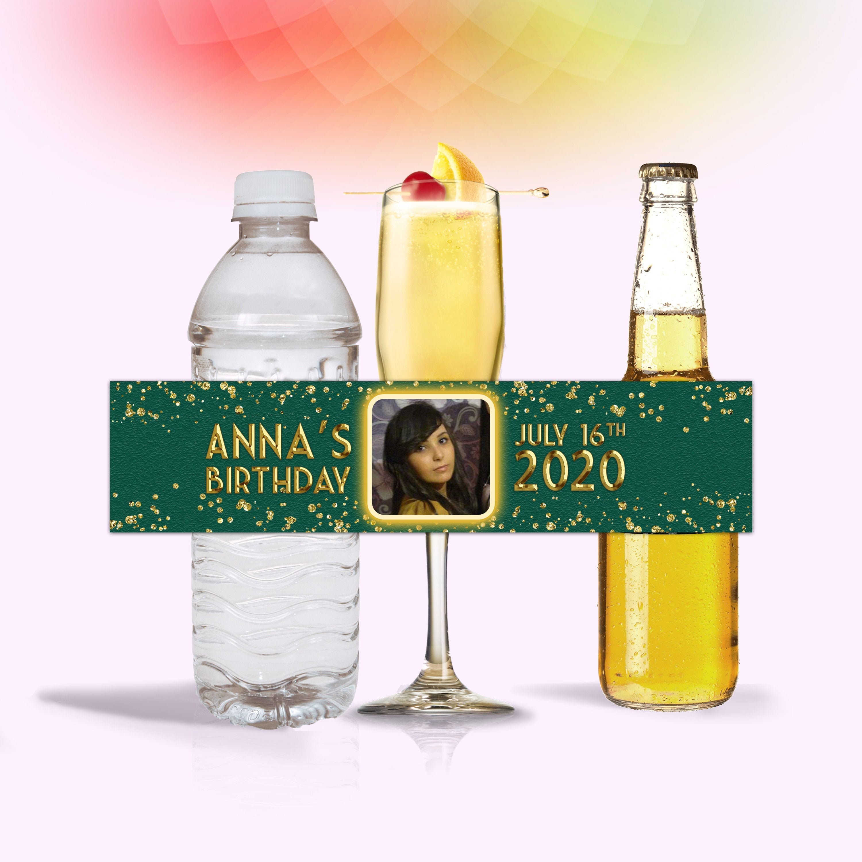 Emerald Green and Gold Water Bottle Labels Template, Birthday Bottle Wrapper, Prom Send Off, Any Event, Digital or Printed, PR5