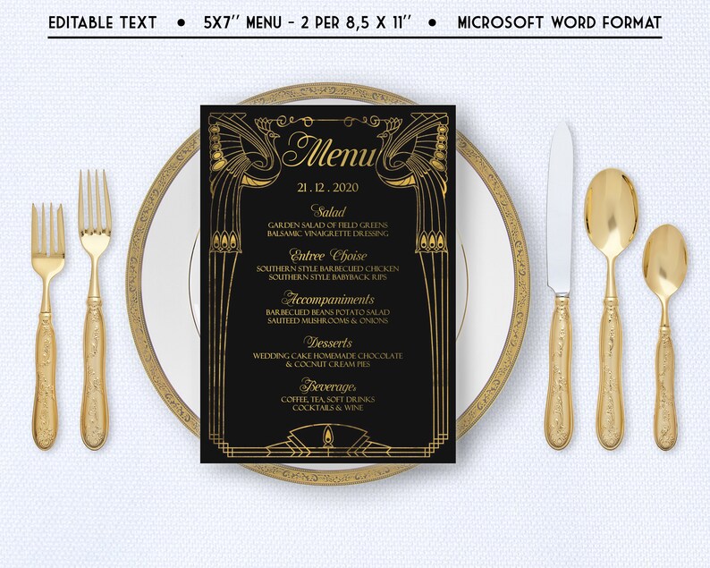 Art Deco Menu Old Hollywood Menu Template Great Gatsby - Etsy