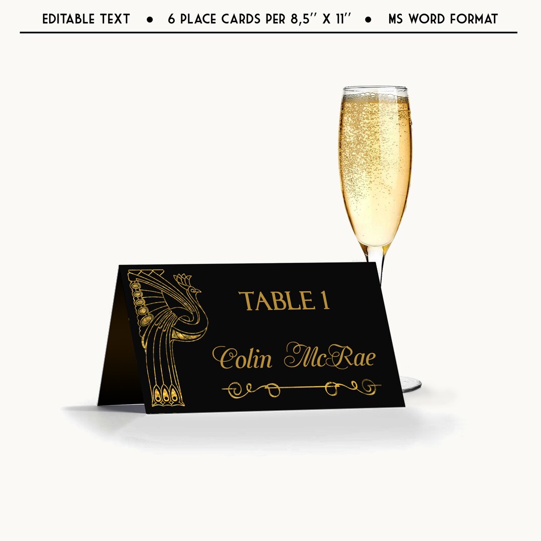 Art Deco Place Cards Golden Peacock Old Hollywood Name Cards Etsy