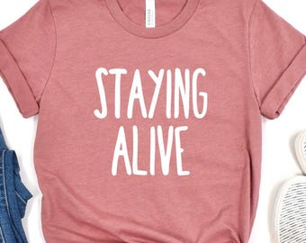 Staying Alive Shirt, Trendy Coffee Shirt, Funny Skeleton T-Shirt, Coffee Lovers Gift Skull Vintage Halloween Tshirt Women Tee